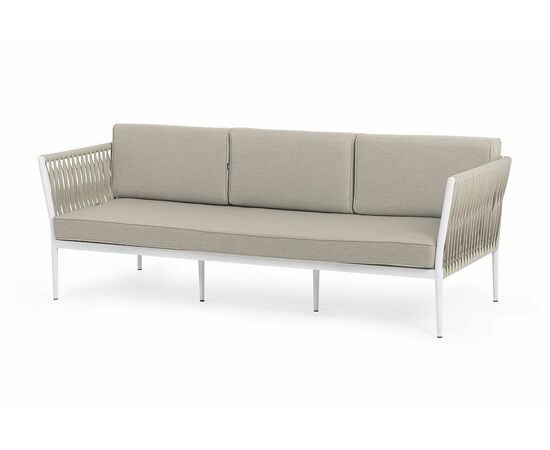 "Касабланка" диван 3-местный плетеный из роупа, каркас алюминий белый муар, роуп бежевый 20мм, ткань бежевая 052 | Интернет магазин мебели и декора LifeDekor
