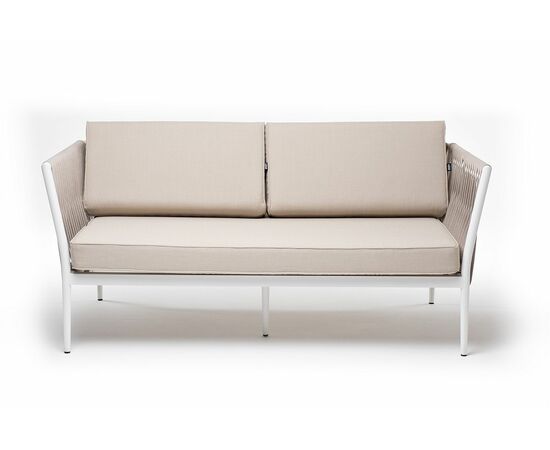 "Касабланка" диван 2-местный плетеный из роупа, каркас алюминий белый муар, роуп бежевый 20мм, ткань бежевая 15052, изображение 3 | Интернет магазин мебели и декора LifeDekor