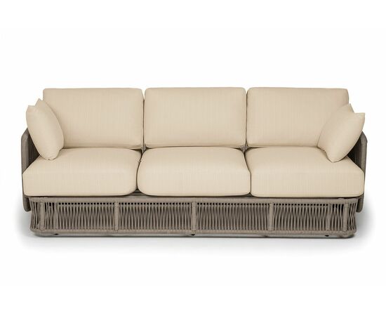 "Альбано" диван 3-местный плетеный из роупа, каркас алюминий светло-серый (RAL7035) муар, роуп серый меланж круглый, ткань Mossle светло-бежевая, изображение 2 | Интернет магазин мебели и декора LifeDekor