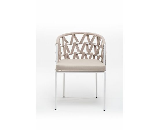 "Диего" стул плетеный из роупа, каркас из стали белый муар, роуп бежевый круглый, ткань бежевая 052, изображение 3 | Интернет магазин мебели и декора LifeDekor