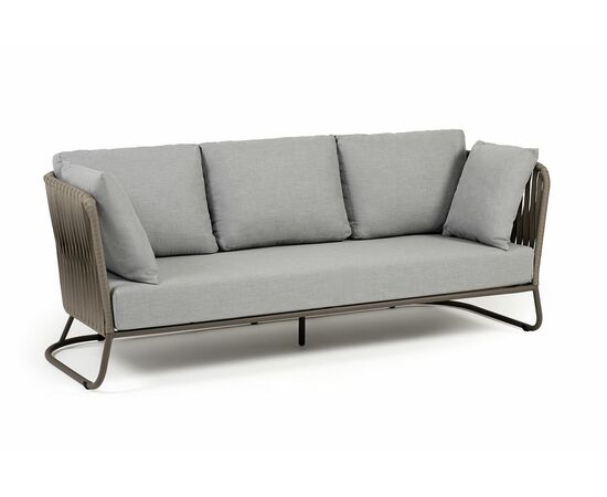 "Багамы" диван 3-местный плетеный из роупа, каркас алюминий бежево-серый (RAL7006) муар, роуп серо-коричневый 23мм, ткань светло-серая, изображение 3 | Интернет магазин мебели и декора LifeDekor