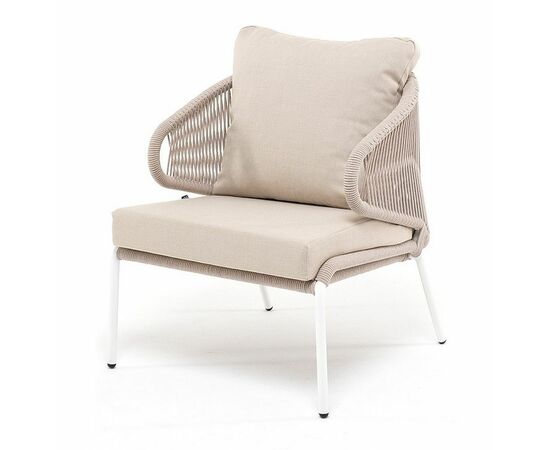 "Милан" кресло плетеное из роупа, каркас алюминий белый муар, роуп бежевый круглый, ткань бежевая 052 | Интернет магазин мебели и декора LifeDekor