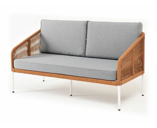 "Канны" диван 2-местный плетеный из роупа, каркас алюминий светло-серый (RAL7035) муар, роуп оранжевый меланж круглый, ткань светло-серая | Интернет магазин мебели и декора LifeDekor