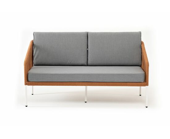 "Канны" диван 2-местный плетеный из роупа, каркас алюминий светло-серый (RAL7035) муар, роуп оранжевый меланж круглый, ткань светло-серая, изображение 3 | Интернет магазин мебели и декора LifeDekor