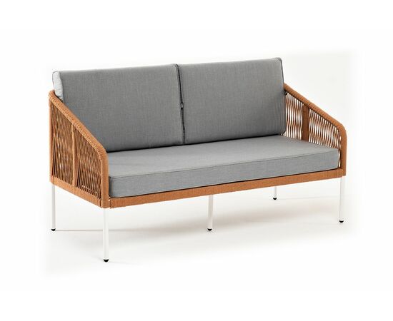 "Канны" диван 2-местный плетеный из роупа, каркас алюминий светло-серый (RAL7035) муар, роуп оранжевый меланж круглый, ткань светло-серая, изображение 4 | Интернет магазин мебели и декора LifeDekor