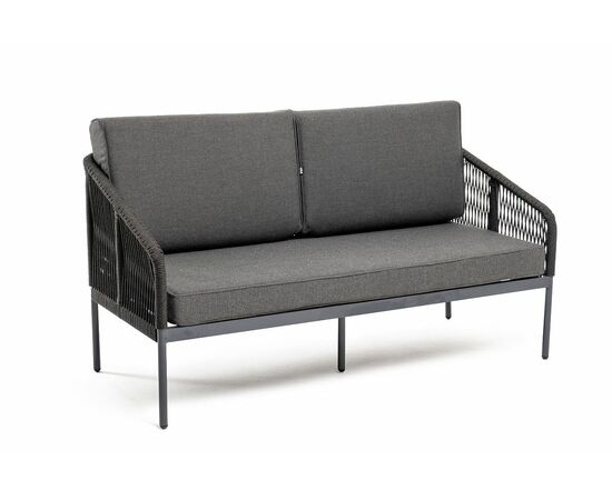 "Канны" диван 2-местный плетеный из роупа, каркас алюминий темно-серый (RAL7024) муар, роуп темно-серый круглый, ткань темно-серая 027, изображение 3 | Интернет магазин мебели и декора LifeDekor