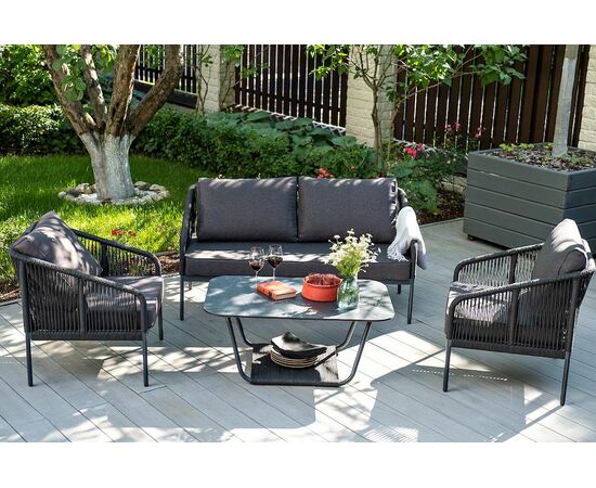 "Канны" диван 2-местный плетеный из роупа, каркас алюминий темно-серый (RAL7024) муар, роуп темно-серый круглый, ткань темно-серая 027, изображение 4 | Интернет магазин мебели и декора LifeDekor