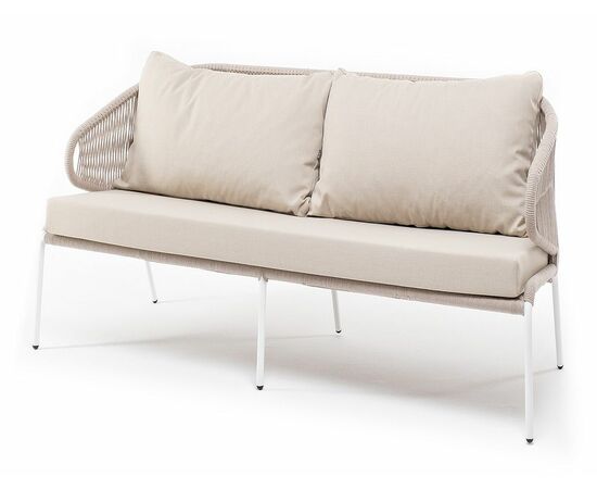 "Милан" диван 2-местный плетеный из роупа, каркас алюминий белый муар, роуп бежевый круглый, ткань бежевая 052 | Интернет магазин мебели и декора LifeDekor