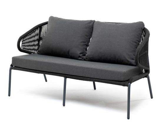 "Милан" диван 2-местный плетеный из роупа, каркас алюминий темно-серый (RAL7024) муар, роуп темно-серый круглый, ткань темно-серая 027 | Интернет магазин мебели и декора LifeDekor