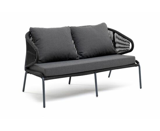 "Милан" диван 2-местный плетеный из роупа, каркас алюминий темно-серый (RAL7024) муар, роуп темно-серый круглый, ткань темно-серая 027, изображение 2 | Интернет магазин мебели и декора LifeDekor