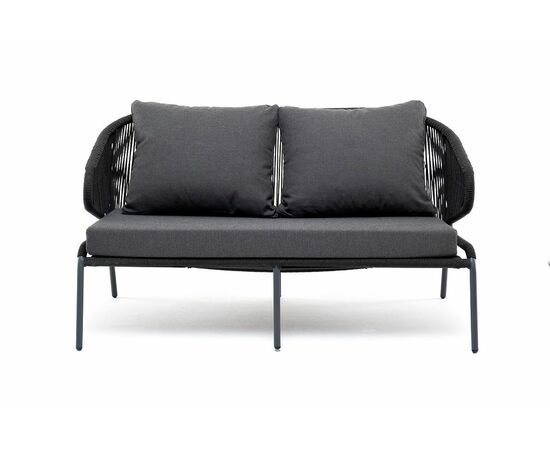 "Милан" диван 2-местный плетеный из роупа, каркас алюминий темно-серый (RAL7024) муар, роуп темно-серый круглый, ткань темно-серая 027, изображение 3 | Интернет магазин мебели и декора LifeDekor