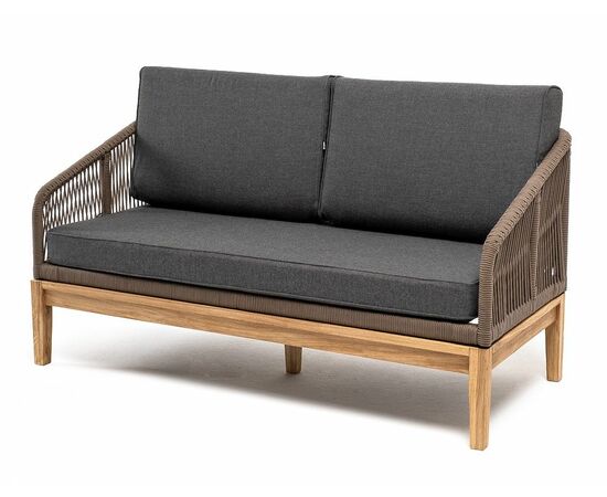 "Канны" диван 2-местный плетеный из роупа, основание дуб, роуп коричневый круглый, ткань темно-серая 027 | Интернет магазин мебели и декора LifeDekor