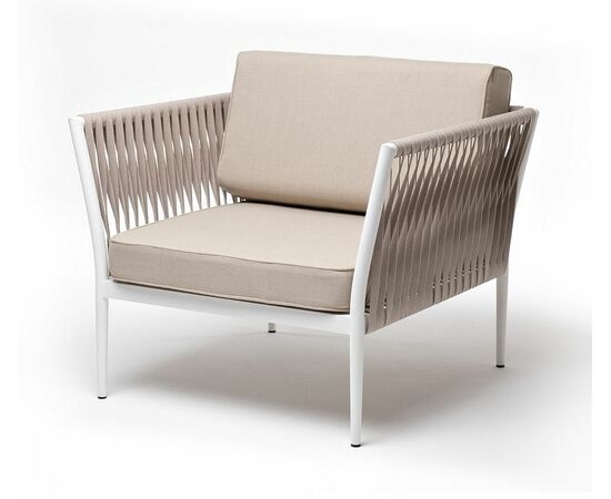 "Касабланка" кресло плетеное из роупа, каркас алюминий белый муар, роуп бежевый 20мм, ткань бежевая 052 | Интернет магазин мебели и декора LifeDekor
