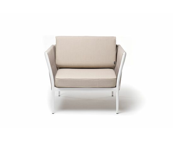 "Касабланка" кресло плетеное из роупа, каркас алюминий белый муар, роуп бежевый 20мм, ткань бежевая 052, изображение 2 | Интернет магазин мебели и декора LifeDekor