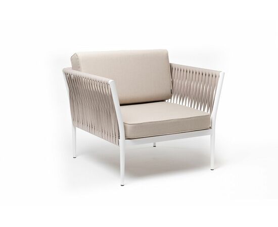 "Касабланка" кресло плетеное из роупа, каркас алюминий белый муар, роуп бежевый 20мм, ткань бежевая 052, изображение 3 | Интернет магазин мебели и декора LifeDekor
