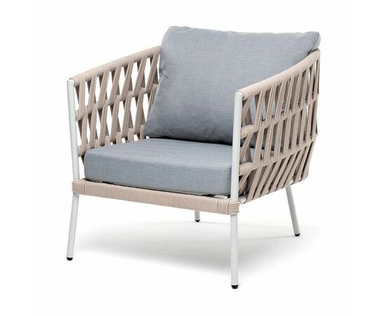 "Диего" кресло плетеное из роупа, каркас алюминий светло-серый (RAL7035) муар, роуп бежевый круглый, ткань светло-серая | Интернет магазин мебели и декора LifeDekor