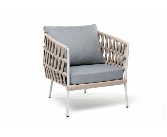 "Диего" кресло плетеное из роупа, каркас алюминий светло-серый (RAL7035) муар, роуп бежевый круглый, ткань светло-серая, изображение 3 | Интернет магазин мебели и декора LifeDekor