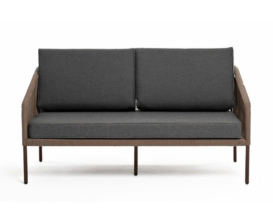 "Канны" диван 2-местный плетеный из роупа, каркас алюминий коричневый (RAL8016) муар, роуп коричневый круглый, ткань темно-серая 027, изображение 2 | Интернет магазин мебели и декора LifeDekor