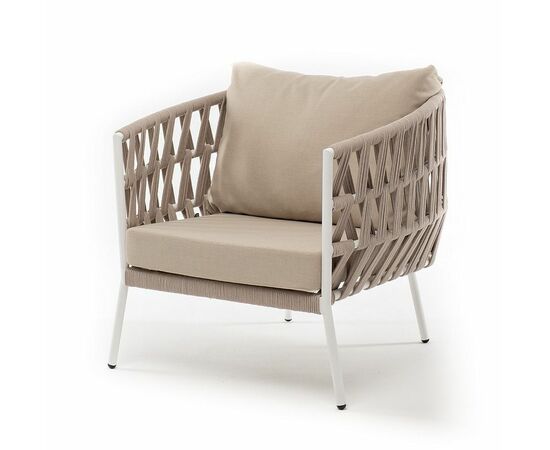 "Диего" кресло плетеное из роупа, каркас алюминий светло-серый (RAL7035) шагрень, роуп бежевый круглый, ткань бежевая 052 | Интернет магазин мебели и декора LifeDekor