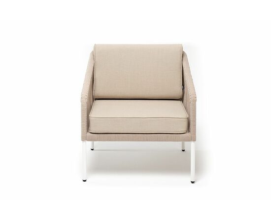 "Канны" кресло плетеное из роупа, каркас алюминий белый, муар, роуп бежевый круглый, ткань бежевая 052, изображение 2 | Интернет магазин мебели и декора LifeDekor