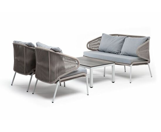 "Милан" лаунж-зона 4-местная плетеная из роупа (веревки), каркас алюминиевый белый, роуп бежевый | Интернет магазин мебели и декора LifeDekor