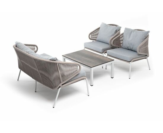 "Милан" лаунж-зона 4-местная плетеная из роупа (веревки), каркас алюминиевый белый, роуп бежевый, изображение 3 | Интернет магазин мебели и декора LifeDekor