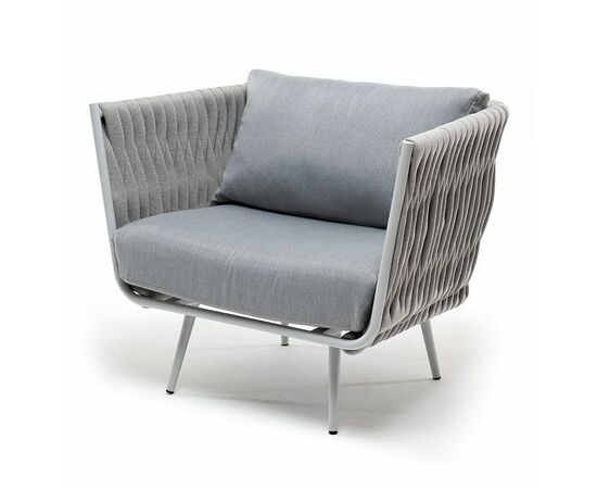 "Монако" кресло плетеное из роупа, каркас алюминий белый муар, роуп светло-серый 40 мм, ткань светло-серая | Интернет магазин мебели и декора LifeDekor