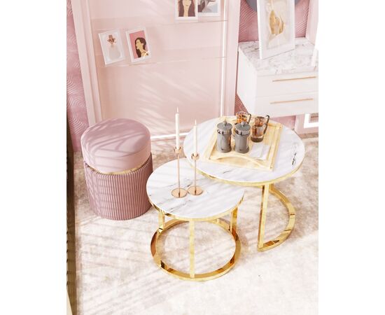 Набор журнальных столиков Селена 60 и 45 см стекло белый мрамор сталь золото, изображение 8 | Интернет магазин мебели и декора LifeDekor