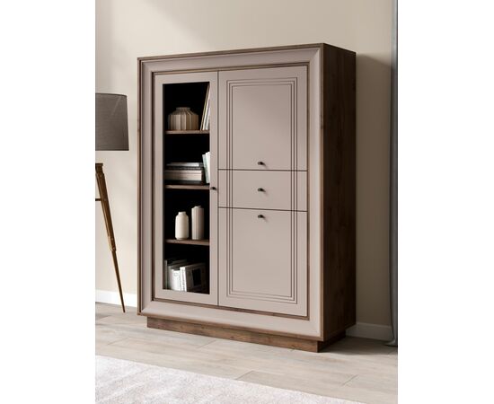 Шкаф с витриной «Прато» низкий, таксония шоколад/кофе с молоком, изображение 5 | Интернет магазин мебели и декора LifeDekor