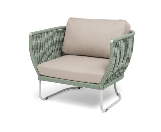 "Фиджи" кресло плетеное из роупа, каркас алюминий светло-серый (RAL7035) муар, роуп зеленый (4204) круглый tex, ткань Mossle бежевая | Интернет магазин мебели и декора LifeDekor