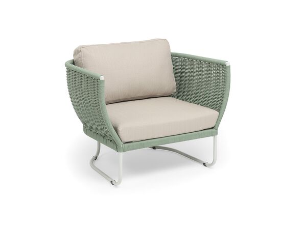 "Фиджи" кресло плетеное из роупа, каркас алюминий светло-серый (RAL7035) муар, роуп зеленый (4204) круглый tex, ткань Mossle бежевая, изображение 2 | Интернет магазин мебели и декора LifeDekor