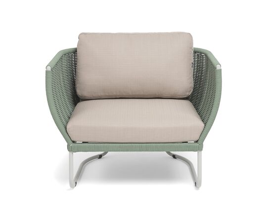 "Фиджи" кресло плетеное из роупа, каркас алюминий светло-серый (RAL7035) муар, роуп зеленый (4204) круглый tex, ткань Mossle бежевая, изображение 3 | Интернет магазин мебели и декора LifeDekor