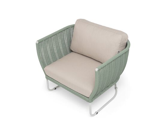 "Фиджи" кресло плетеное из роупа, каркас алюминий светло-серый (RAL7035) муар, роуп зеленый (4204) круглый tex, ткань Mossle бежевая, изображение 4 | Интернет магазин мебели и декора LifeDekor