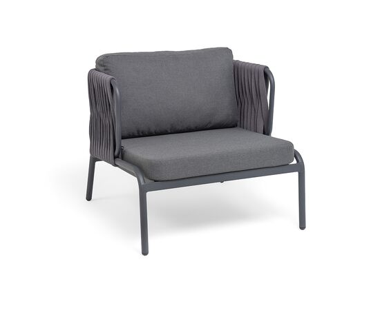 "Ронда" кресло плетеное из роупа, каркас алюминий темно-серый (RAL7024) муар, роуп серый 40 мм tex, ткань темно-серая 027, изображение 2 | Интернет магазин мебели и декора LifeDekor