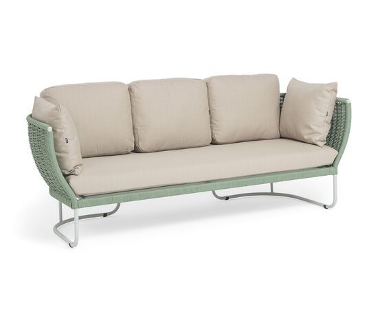 "Фиджи" диван 3-местный плетеный из роупа, каркас алюминий светло-серый (RAL7035) муар, роуп зеленый (4204) круглый tex, ткань Mossle бежевая, изображение 2 | Интернет магазин мебели и декора LifeDekor