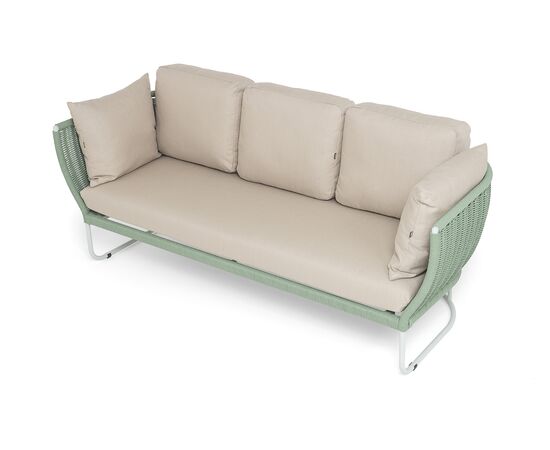 "Фиджи" диван 3-местный плетеный из роупа, каркас алюминий светло-серый (RAL7035) муар, роуп зеленый (4204) круглый tex, ткань Mossle бежевая, изображение 4 | Интернет магазин мебели и декора LifeDekor