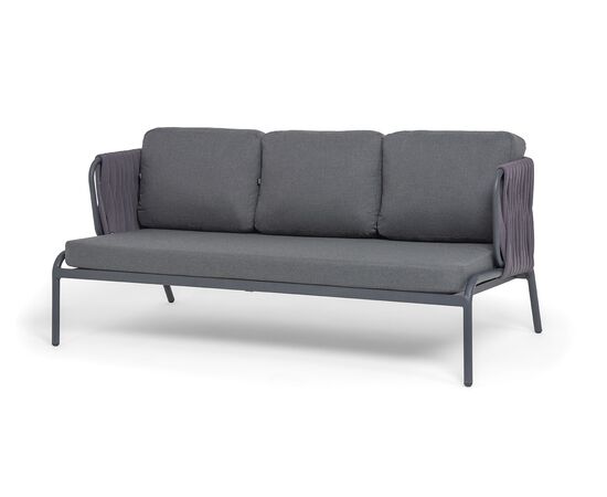 "Лугано" диван 3-местный плетеный из роупа, каркас алюминий темно-серый (RAL7024) муар, роуп темно-серый круглый, ткань темно-серая YB25-0027 | Интернет магазин мебели и декора LifeDekor