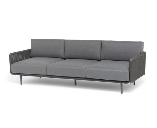 "Джелло" диван 3-местный плетеный из роупа, каркас алюминий темно-серый (RAL7024) муар, роуп темно-серый круглый, ткань темно-серая 027 | Интернет магазин мебели и декора LifeDekor