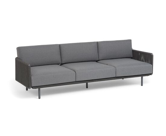 "Джелло" диван 3-местный плетеный из роупа, каркас алюминий темно-серый (RAL7024) муар, роуп темно-серый круглый, ткань темно-серая 027, изображение 2 | Интернет магазин мебели и декора LifeDekor