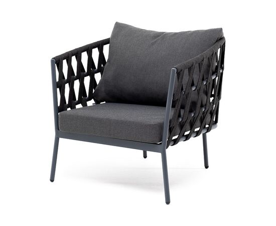 "Диего" кресло плетеное из роупа, каркас алюминий темно-серый (RAL7024) муар, роуп темно-серый круглый, ткань темно-серая 027 | Интернет магазин мебели и декора LifeDekor