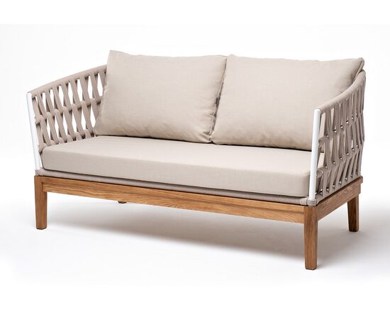 "Диего" диван 2-местный плетеный из роупа, основание дуб, каркас алюминий светло-серый (RAL7035) шагрень, роуп бежевый круглый, ткань бежевая 15052 | Интернет магазин мебели и декора LifeDekor