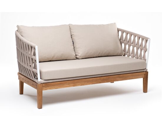 "Диего" диван 2-местный плетеный из роупа, основание дуб, каркас алюминий светло-серый (RAL7035) шагрень, роуп бежевый круглый, ткань бежевая 15052, изображение 3 | Интернет магазин мебели и декора LifeDekor