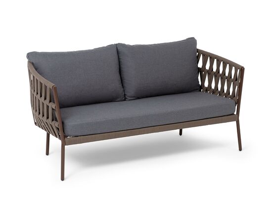 "Диего" диван 2-местный плетеный из роупа, каркас алюминий коричневый (RAL8016) муар, роуп коричневый круглый, ткань темно-серая 027, изображение 3 | Интернет магазин мебели и декора LifeDekor