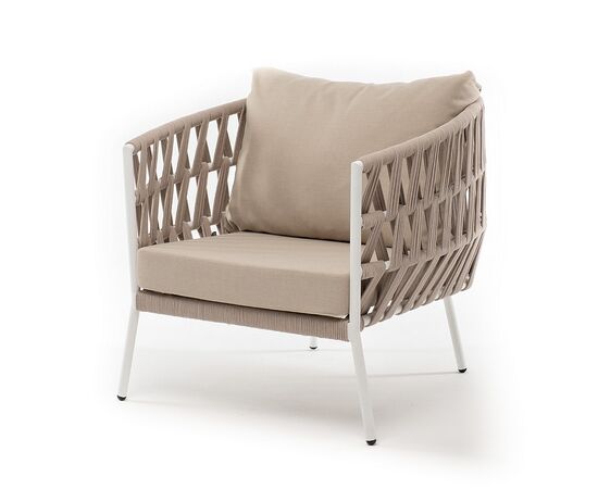 "Диего" кресло плетеное из роупа, каркас алюминий белый муар, роуп бежевый круглый, ткань бежевая 052 | Интернет магазин мебели и декора LifeDekor