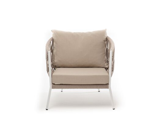 "Диего" кресло плетеное из роупа, каркас алюминий белый муар, роуп бежевый круглый, ткань бежевая 052, изображение 2 | Интернет магазин мебели и декора LifeDekor