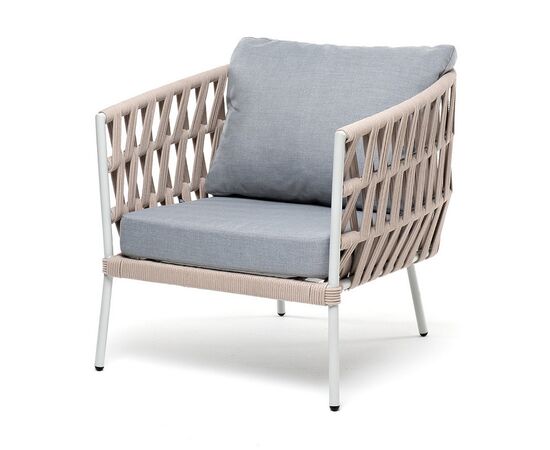 "Диего" кресло плетеное из роупа, каркас алюминий светло-серый (RAL7035) муар, роуп бежевый круглый, ткань светло-серая | Интернет магазин мебели и декора LifeDekor