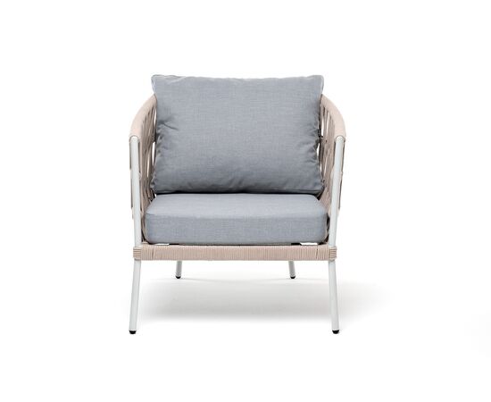 "Диего" кресло плетеное из роупа, каркас алюминий светло-серый (RAL7035) муар, роуп бежевый круглый, ткань светло-серая, изображение 2 | Интернет магазин мебели и декора LifeDekor