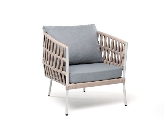 "Диего" кресло плетеное из роупа, каркас алюминий светло-серый (RAL7035) муар, роуп бежевый круглый, ткань светло-серая, изображение 3 | Интернет магазин мебели и декора LifeDekor