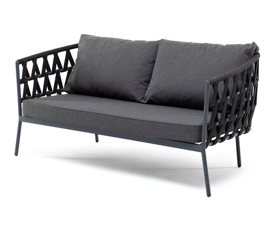 "Диего" диван 2-местный плетеный из роупа, каркас алюминий темно-серый (RAL7024) муар, роуп темно-серый круглый, ткань темно-серая 027 | Интернет магазин мебели и декора LifeDekor