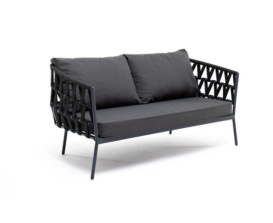 "Диего" диван 2-местный плетеный из роупа, каркас алюминий темно-серый (RAL7024) муар, роуп темно-серый круглый, ткань темно-серая 027, изображение 3 | Интернет магазин мебели и декора LifeDekor